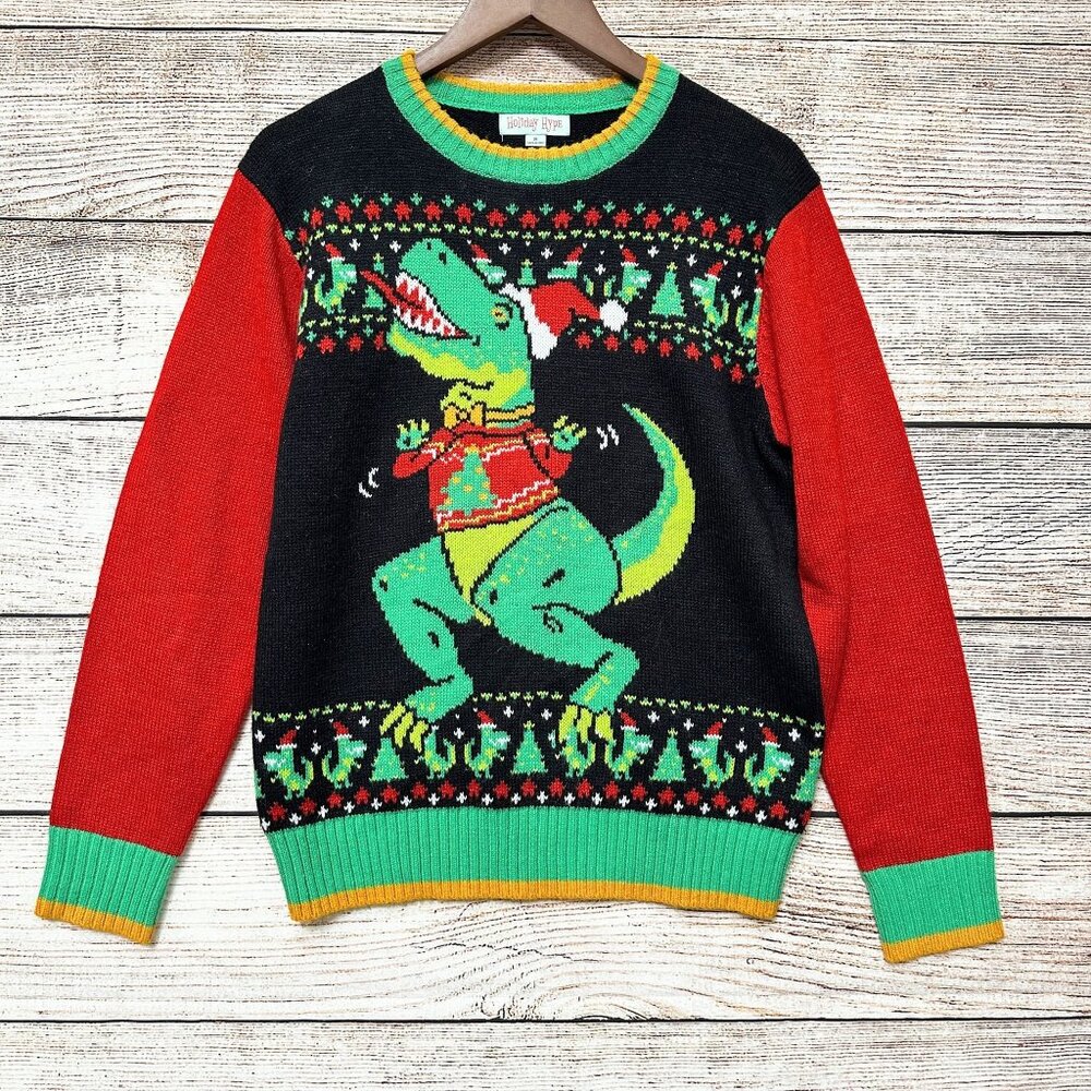 Holiday Hype Ugly Christmas Sweater Women’s Small Multicolor Dino T-Rex